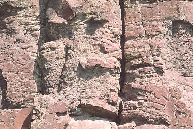 Closeup view of fractured and weathering basalt columns.